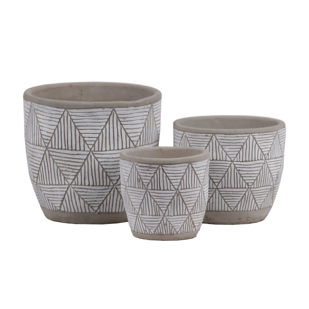 Urban Trends Collection Ceramic Round Pot with Banded Rim Top and Bottom, Embossed Lattice Triangle Design, Irregular Body and Tapered Bottom